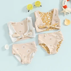 Kids Girls Bikini Set Flower Print Lace-up 2-piece Swimsuit Swimwear for Summer Beach Bathing