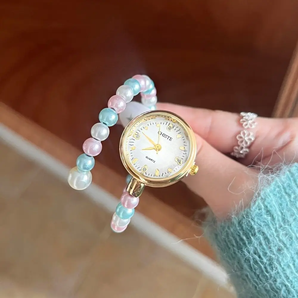 Vintage Rainbow Pearls Bracelet Watch Adjustable Luxury Ladies Watch Elegant Gift Wristwatch for Women