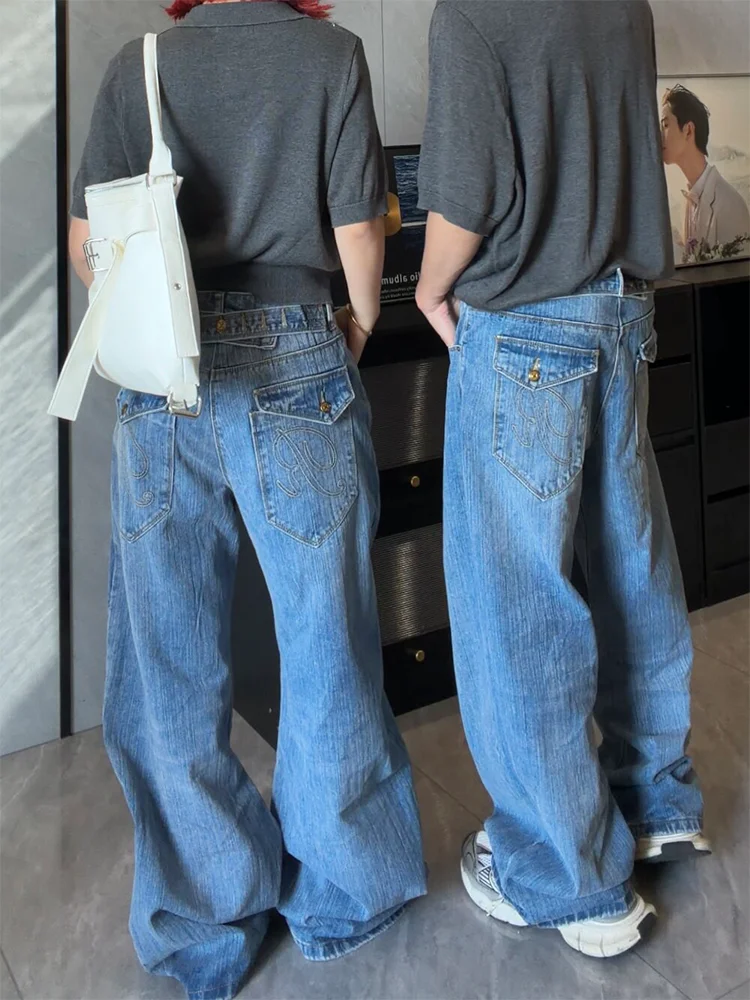 

plus Size American Paris Button Design Bamboo Denim Jeans Women's Washed Vintage Straight Loose Fit Versatile Long Trousers