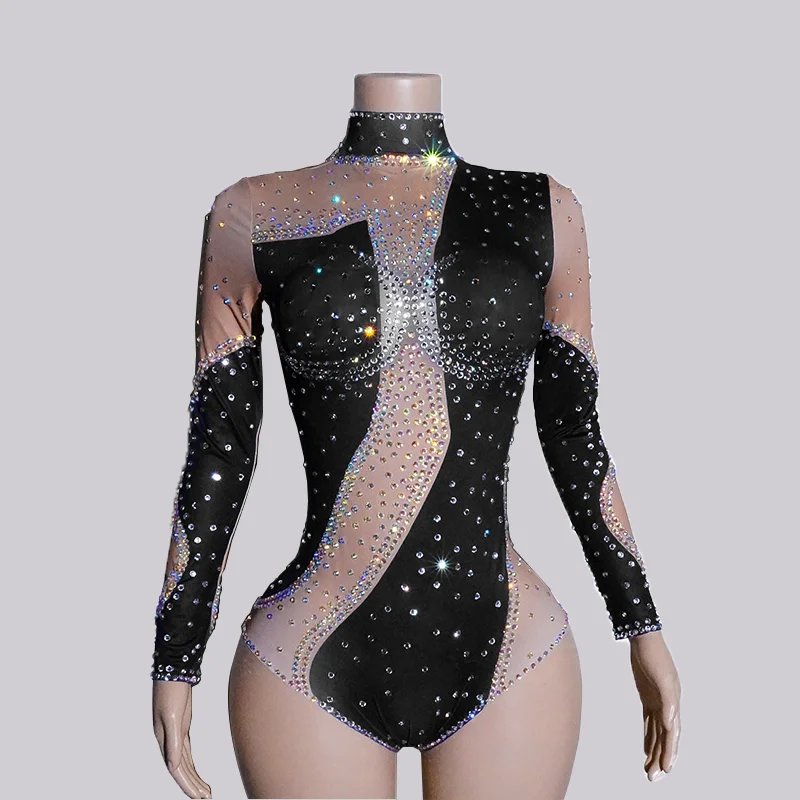 

Stage Clothe White Rhinestone Long Sleeve Bodysuit Drag Queen Costume Performer Femme Pole NightClub GOGO Dancers Team Outfits