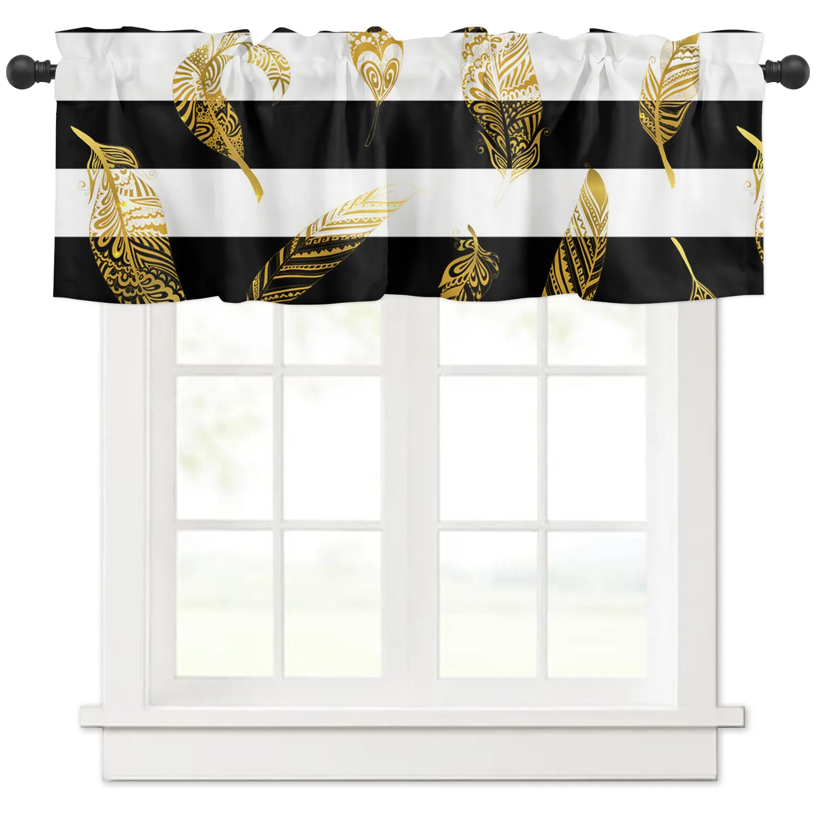 ZEDLIYU Valances for Windows Kitchen Living Room Small Window Valance Black and White Stripe Feather 1 Panel, 54 x 18 Inch