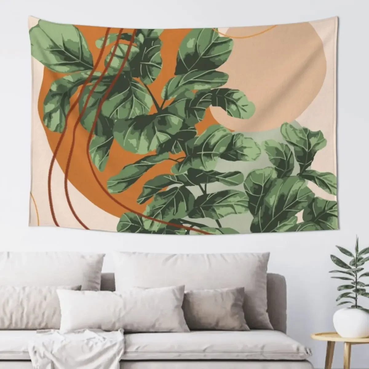 Mid Century Modern, Abstract Plant Illustration, Fiddle Leaf Fig Art Tapestry Room Decoration Accessories House Decor Tapestry