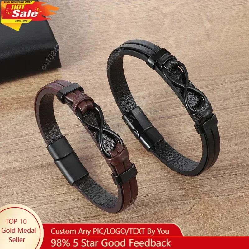 

Classic Infinity Logo Handmade Single Layer Leather Bracelet with Magnetic Clasp Men's Fashion Business Casual Party Jewelry Gif