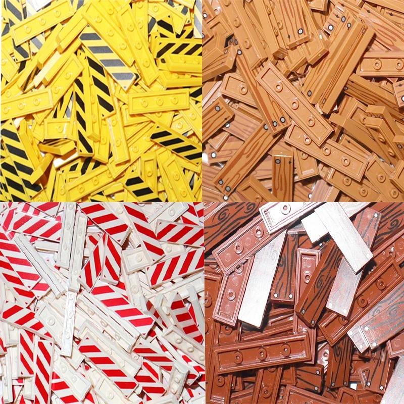 50PCS MOC Tile Smooth Printed 1x4 Size 1*4 Assemble Particles 2431 Wood Grain Pattern Traffic Warning Bricks DIY Toy for Kids