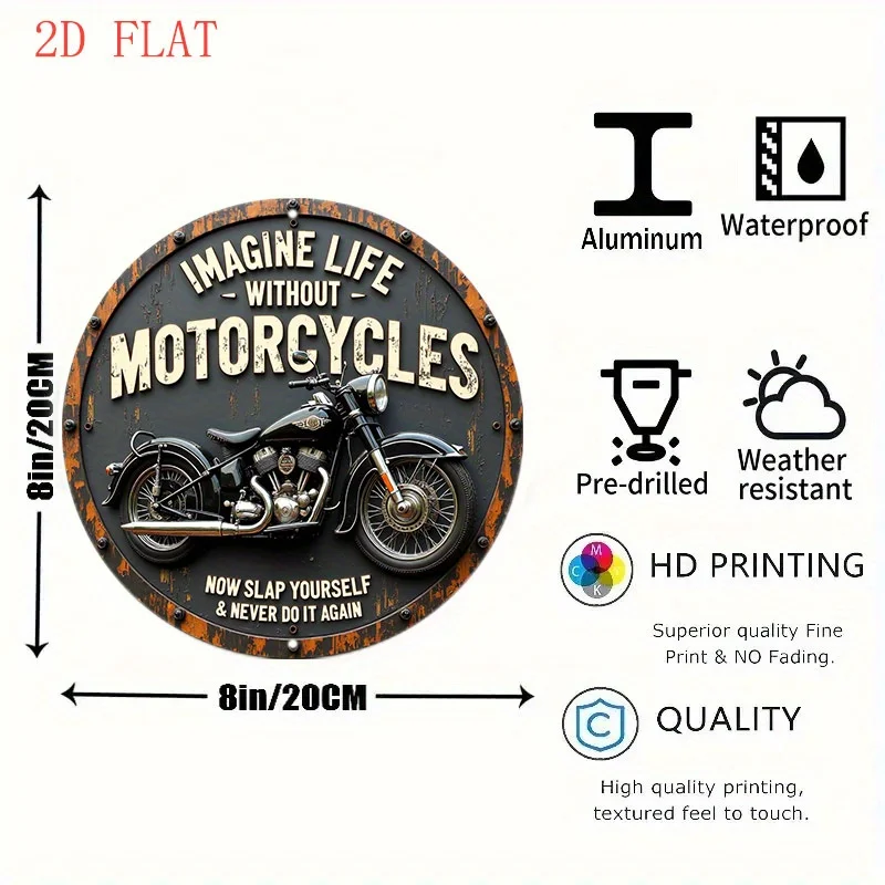 Vintage Imagine Life Without Motorcycles Round Tin Sign, Retro Classic Motorcycle Biker Quote Metal Wall Art, Rustic Motorcycle