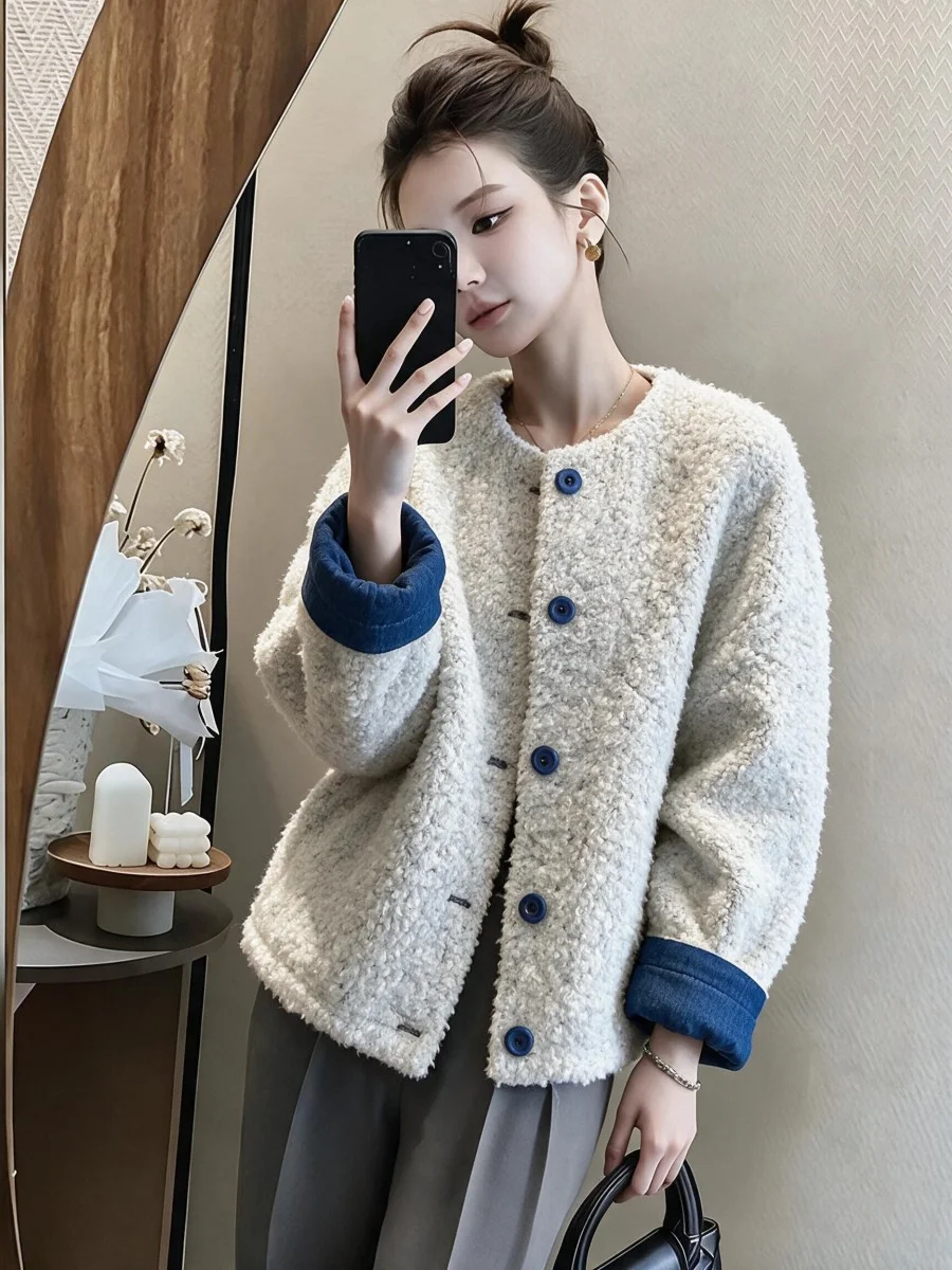 Lamb Fur Jacket Women's Thickened Cotton Lined Short Loose Fit Casual Style Warmth Guaranteed Polyester Fabric Long Sleeve