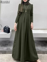 ZANZEA Womens Muslim Maxi Dress Turkey Abaya Autumn Long Sleeve V-Neck Solid Color Robe Party Casual Elegant Loose Long Sundress