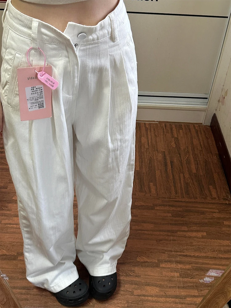 Pantalones vaqueros blancos drapeados de cintura alta con pierna recta y cuchillo sueltos para mujer Otoño Invierno nuevos pantalones de pierna ancha hasta el suelo Sle