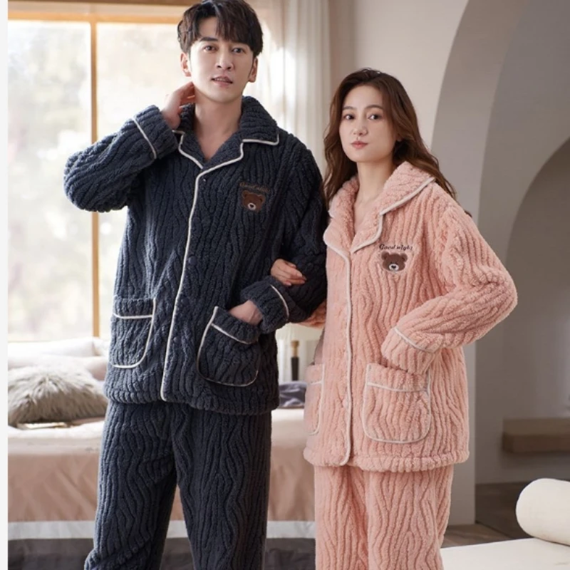 Lovebird Pajama Sets Women's autumn and Winter Coral Velvet Thickened Warm Lapel Flannel Men's Homewear Set Couple Sleepwear