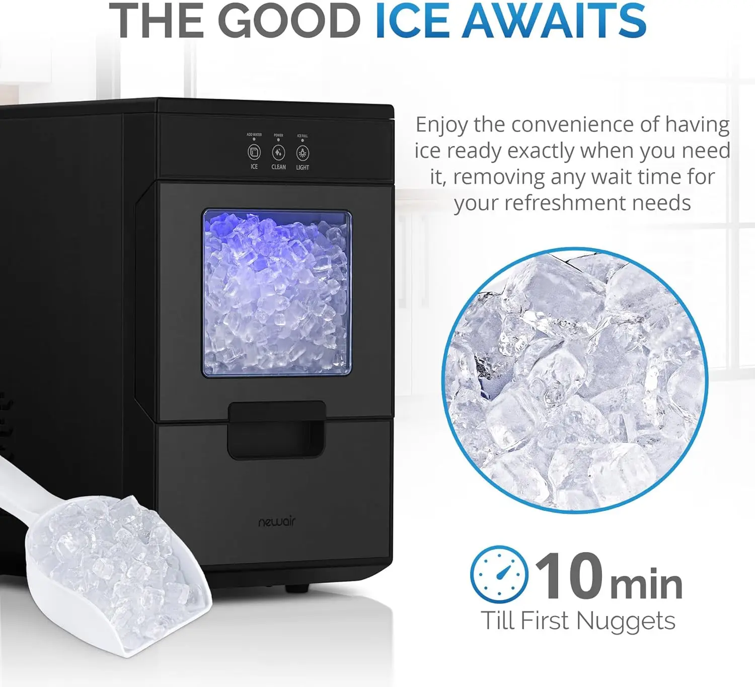 Countertop Sonic Ice Machine, Self-Cleaning & Refillable Water Tank, Pebble Ice Maker, Ideal for Home | Black Stainless Steel