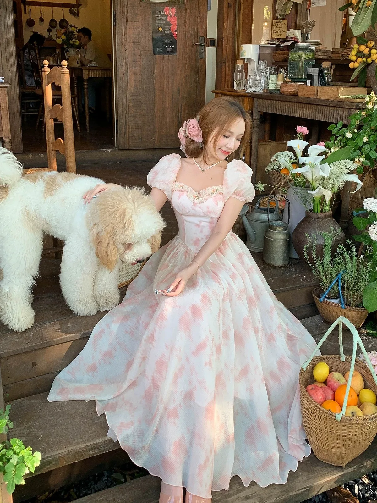 Princess Style Long Bubble Sleeve Pink Dress Gradient Color Summer Vacation Women's Fashion Sweet Style A-Line Dress