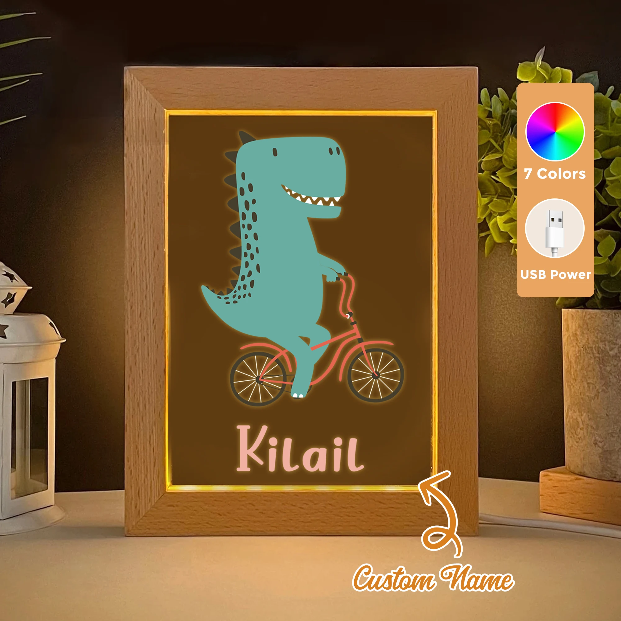 

2D Flat Custom Name Riding A Bicycle LED Acrylic Night Light Wood Photo Frame 21x17cm Cartoon Children Bedroom Gifts Home Decor
