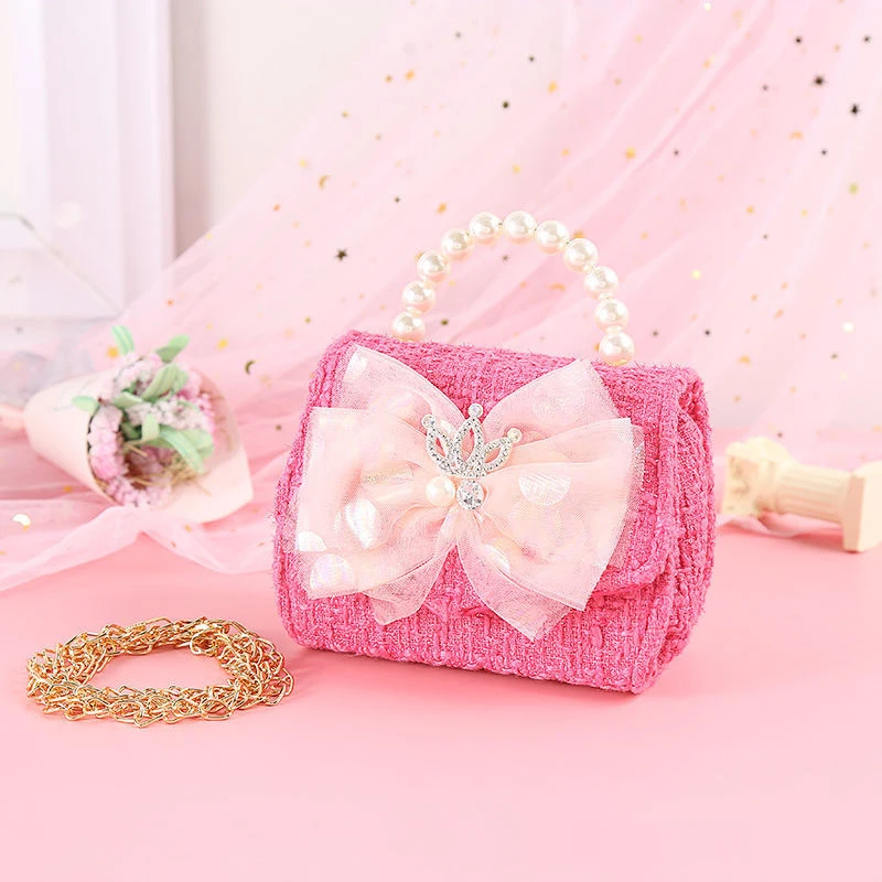 Children Wallet New Small Bag Cute Girl Classic Coin Purse Cute Bow Handbag Crown Beading Princess Bag Baby Shoulder Chain Bag