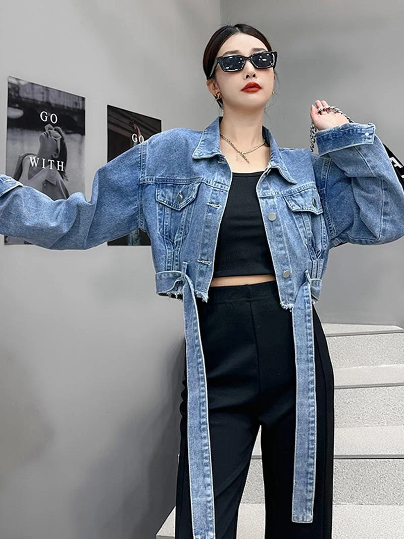 Korean Style Denim Short Coat Women Spring Autumn Turn-down Collar Raw Edge Lace-up Jackets Fashion Trend All-matched Tops