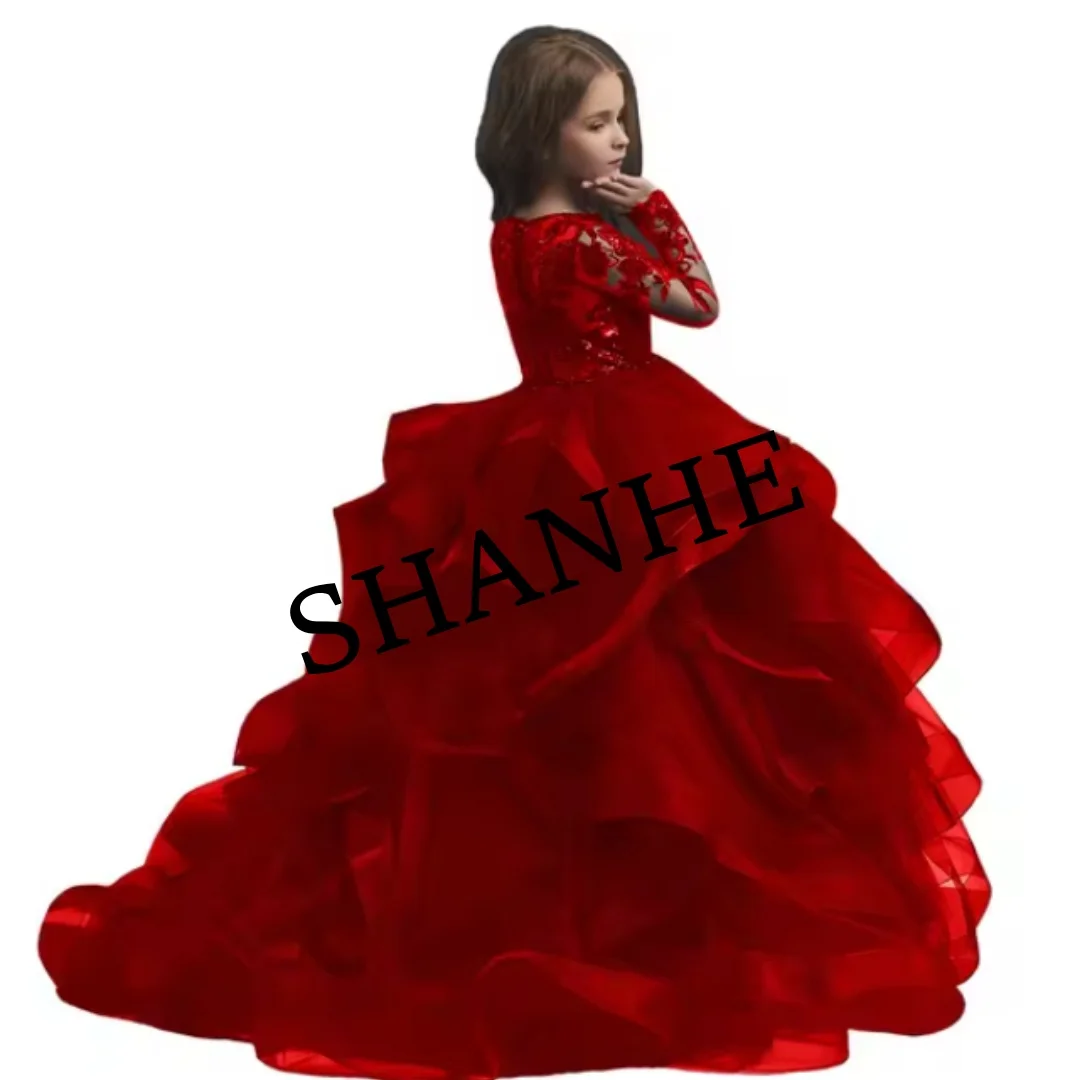 CustomizedTulle Flower Girl Dress For Wedding Sequined Lace Princess Pageant Dresses Toddler Girls Full Sleeve Birthday Party Ba