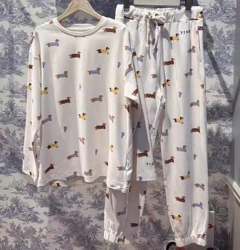 

2026 New Lovely Cartoon Dachshund Type Cotton Pajamas Girls' Home Wear Knitted Women Pique Lounge Wear