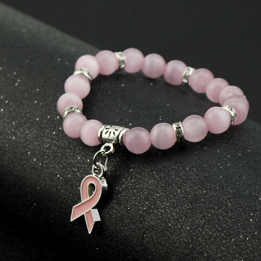 Natural Pink Quartz Bracelet Breast Cancer Awareness Pink Ribbon Pendant Charm Bracelets For Women Bangles Fashion Cute Jewelry