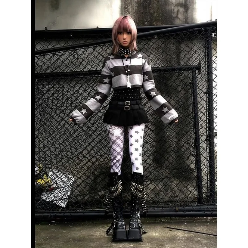 

Retro striped knitted cardigan star jacquard sweater jacket slim fit short Y2K Harajuku long sleeved women's top emo