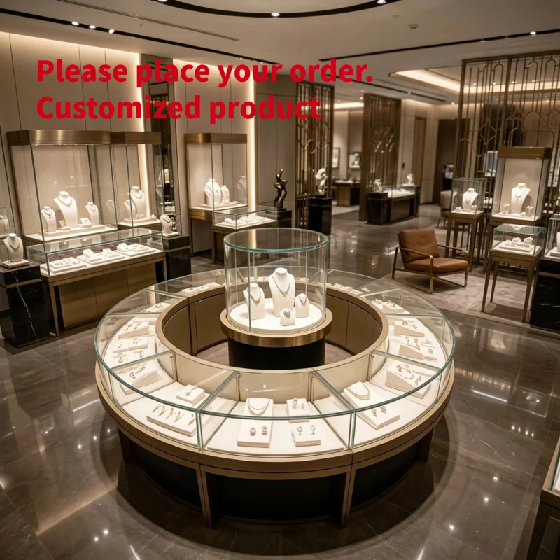 custom.Luxury Black & Gold Round Jewelry Display Kiosk, Complete 360° Glass Showcase with Central Rotating Pedestal