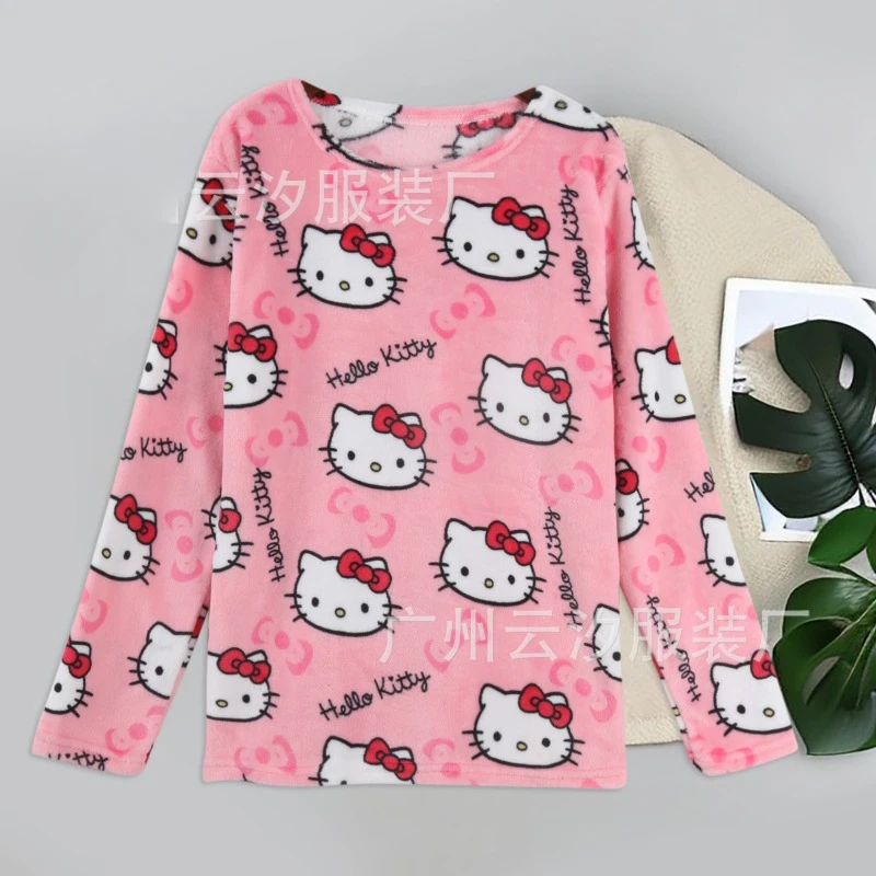 Hellokitty Print Thick Girls Flannel Sleep Tops Winter Homewear Pajamas Women's Casual Fleece Top Outwear Long Sleeved Autumn