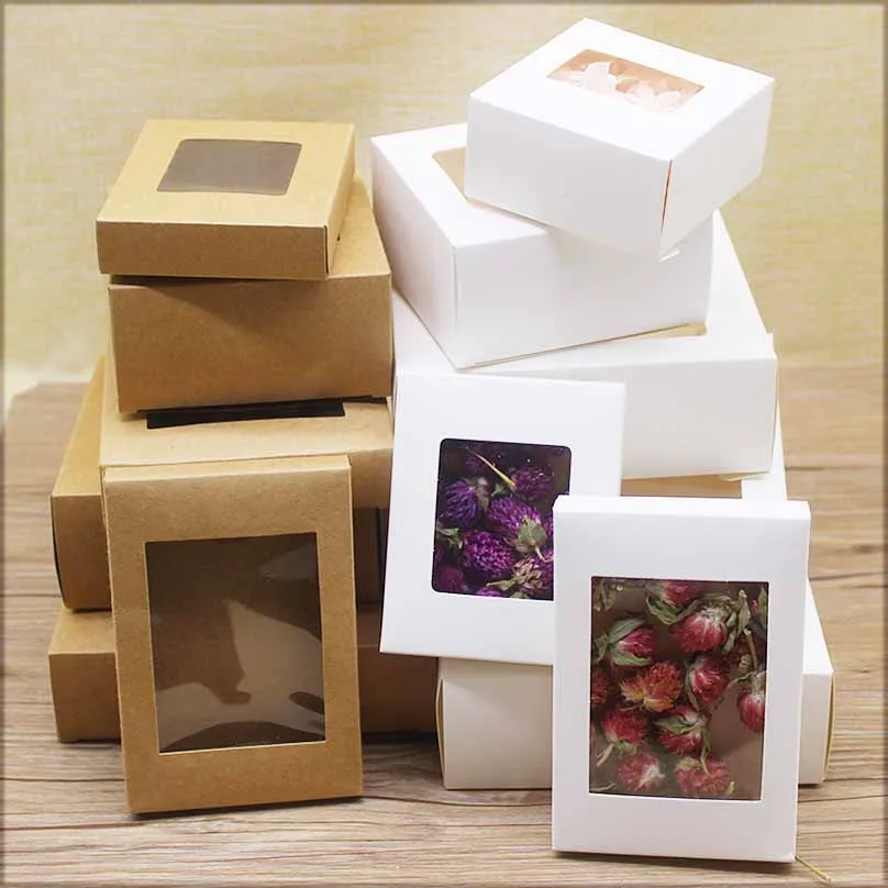 10 pieces of DIY vintage kraft paper box with window paper gift box, cake packaging, wedding family gathering, muffin packaging,