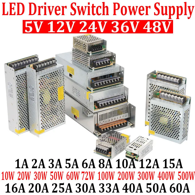 5V 12V 24V 36V 48V DC Power Supply LED Driver SMPS AC 220V to 12 Volt Transformador 10W SMPS 1 2 3 10 15A 500W 600W Power Supply