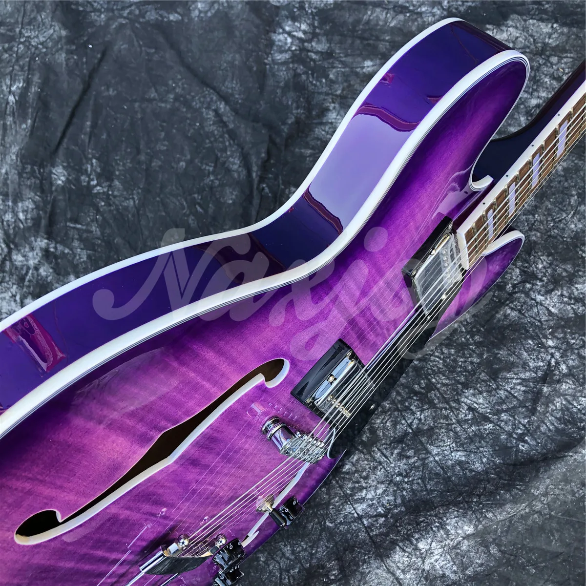 Grote Purple Flame Maple Electric Guitar Rosewood Fingerboard Double F Holes Thin Body Jazz,Free Shipping