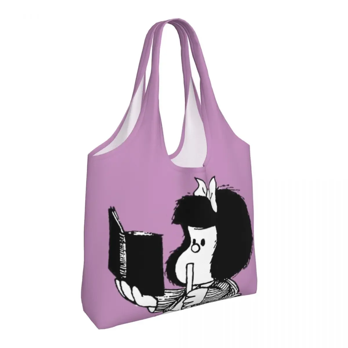 Custom Mafalda With Notebook Grocery Shopping Bags Canvas Shopper Shoulder Tote Bag Big Capacity Portable Quino Comic Handbags