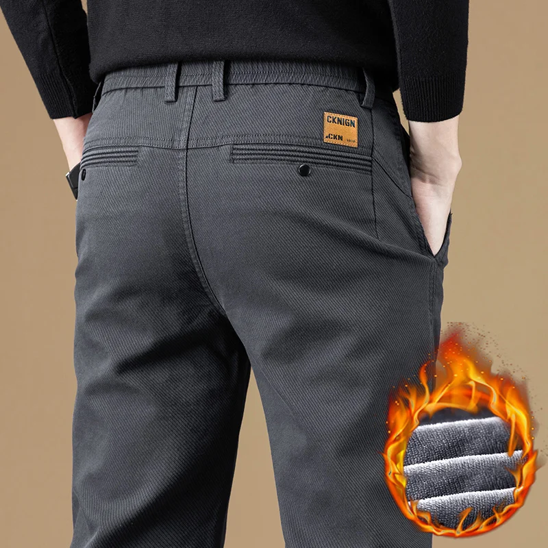 

Winter High Quality Cotton Fabric Warm Fleece Casual Pants Men Slim Grey Black Korea Work Classic Cargo Outdoors Trousers Male