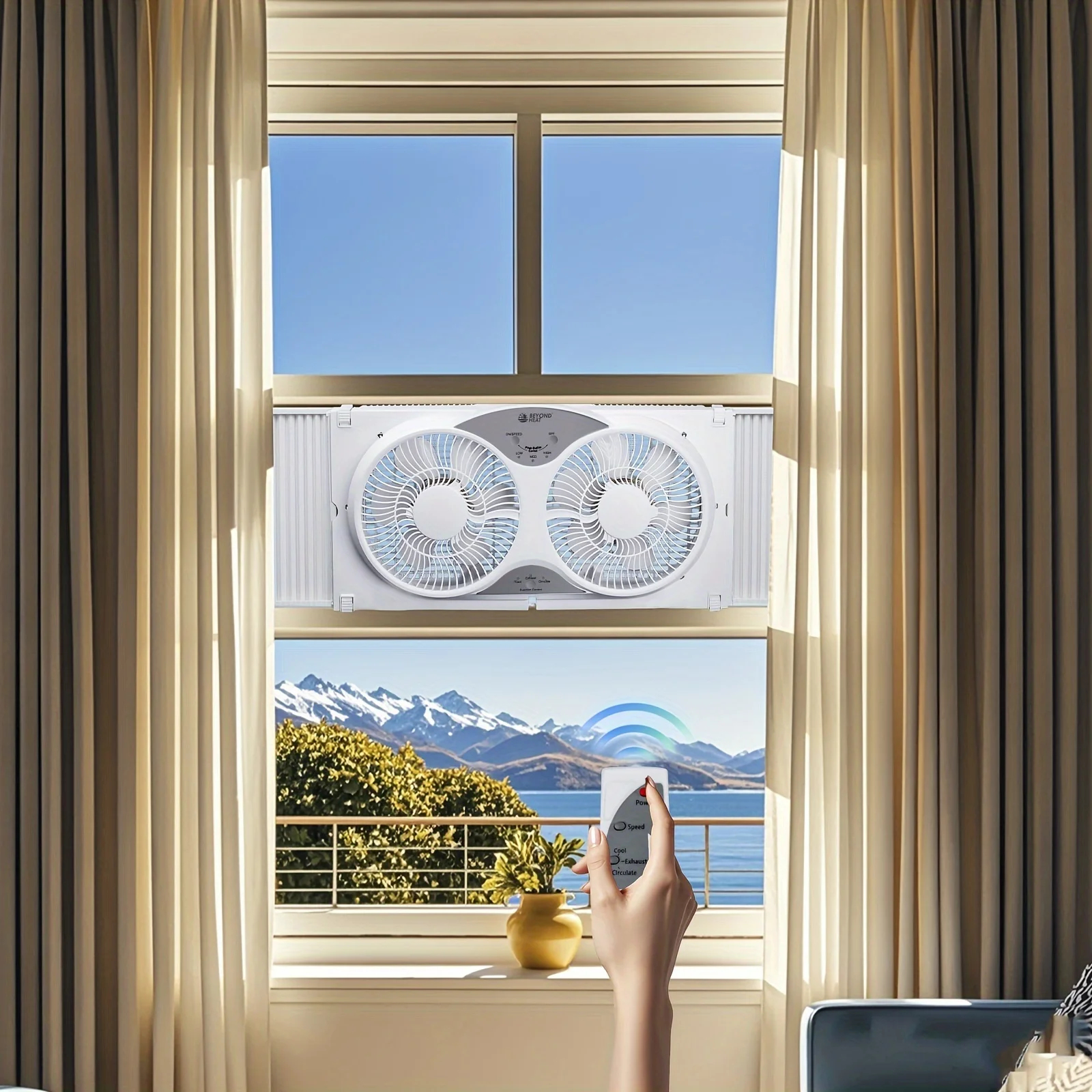 

9-Inch Twin Digital Window Fan with Remote Control, Reversible Airflow Blades, In/Out Exchange, 3 Speeds, Built-In Extender Pane