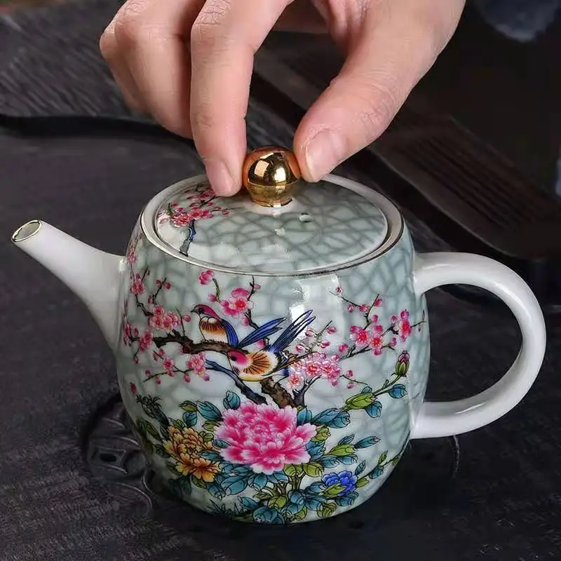 

Большой керамический чайник с ручной росписью цветов, домашний чайный набор для приготовления чая кунг-фу с ручкой