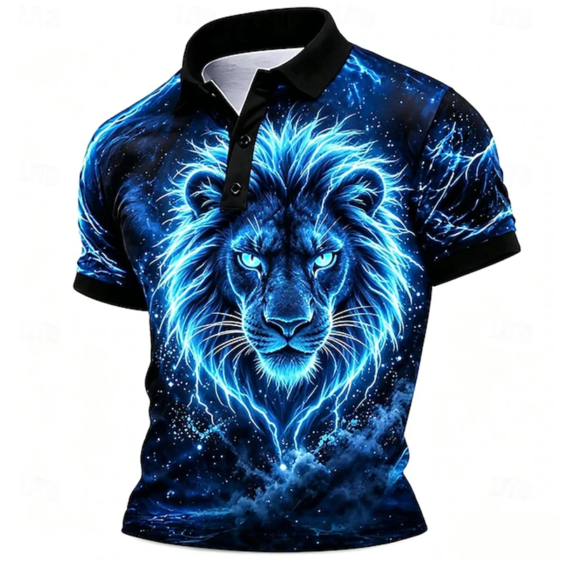 Men's New Stylish Lapel Polo Shirt Short-Sleeve Tee with Fierce Lion Print Loose Plus-Size Fit Outdoor Street-Style Polo Top