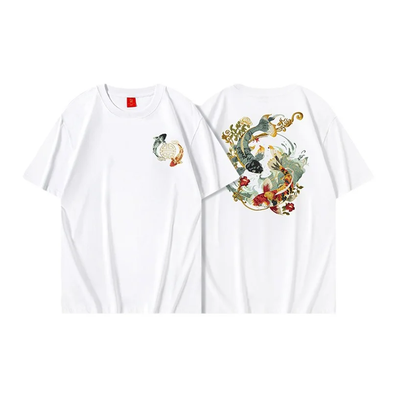 Summer Short Sleeve Tee shirt Men Fish Embroidery Women Knit Cotton Tee Shirts Youth Sukajan Top 2024 Chic Tshirt y2k T-shirt