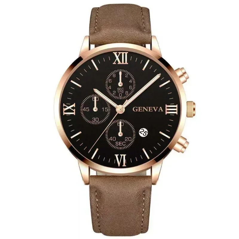 New Geneva Leisure Business Men\'s Watch Fashion Three Eyes Quartz Watches Leather Strap Waterproof Gentleman Wristwatch