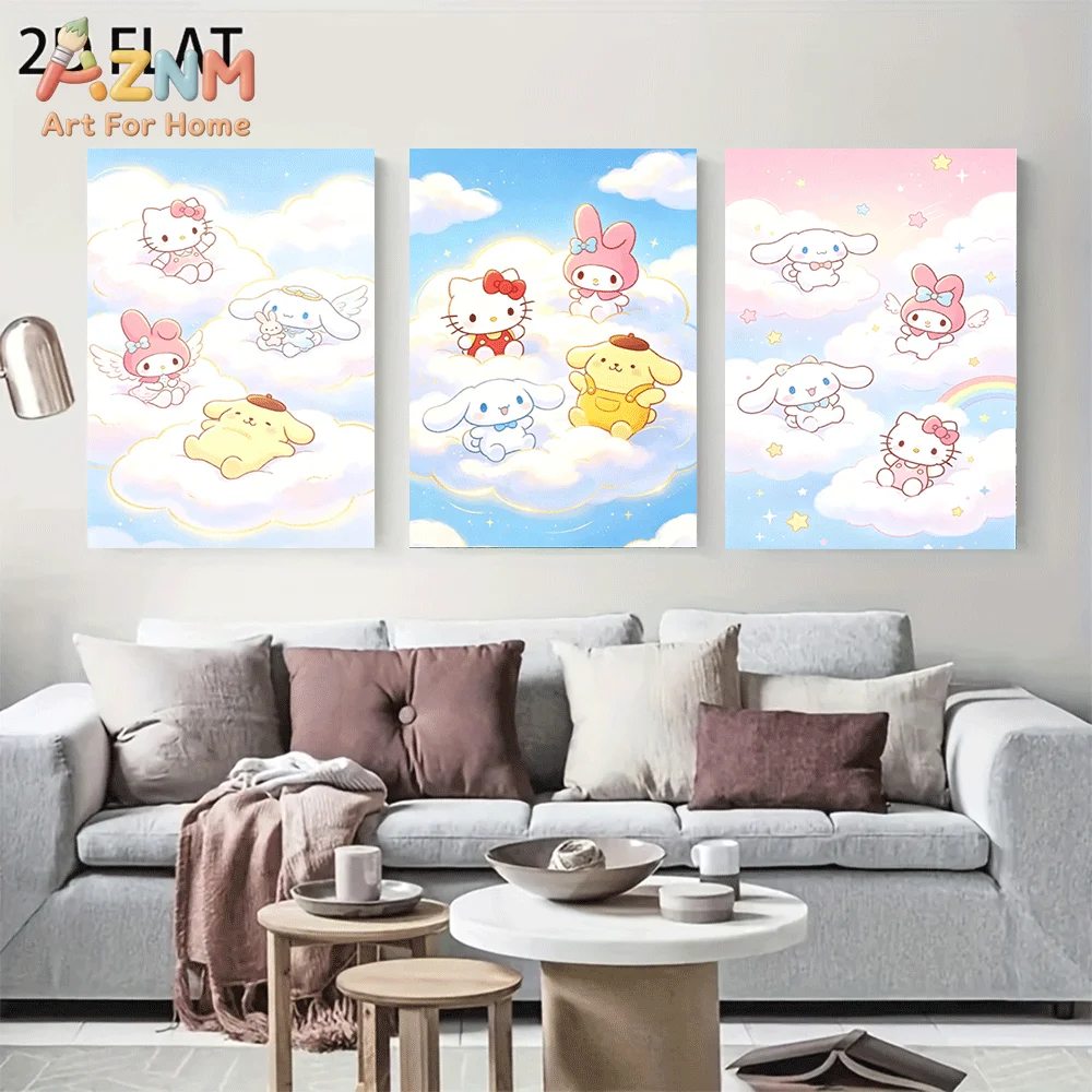 AZNM Sanrio Characters Canvas Wall Art Unframed Cute Cartoon Print Poster Hello Kitty My Melody Cinnamoroll Pompompurin Cloud St