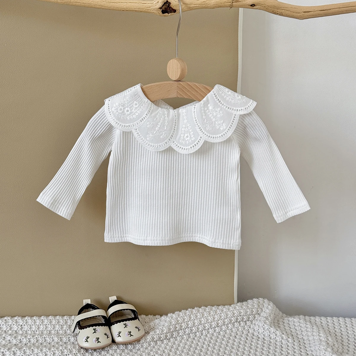 Frühling Herbst Baby Mädchen Baumwoll-T-Shirt Kleinkind Peter-Pan-Kragen Oberteil Koreanischer Stil Säugling Baby Mädchen T-Shirt 0-3 Jahre – Detail 5