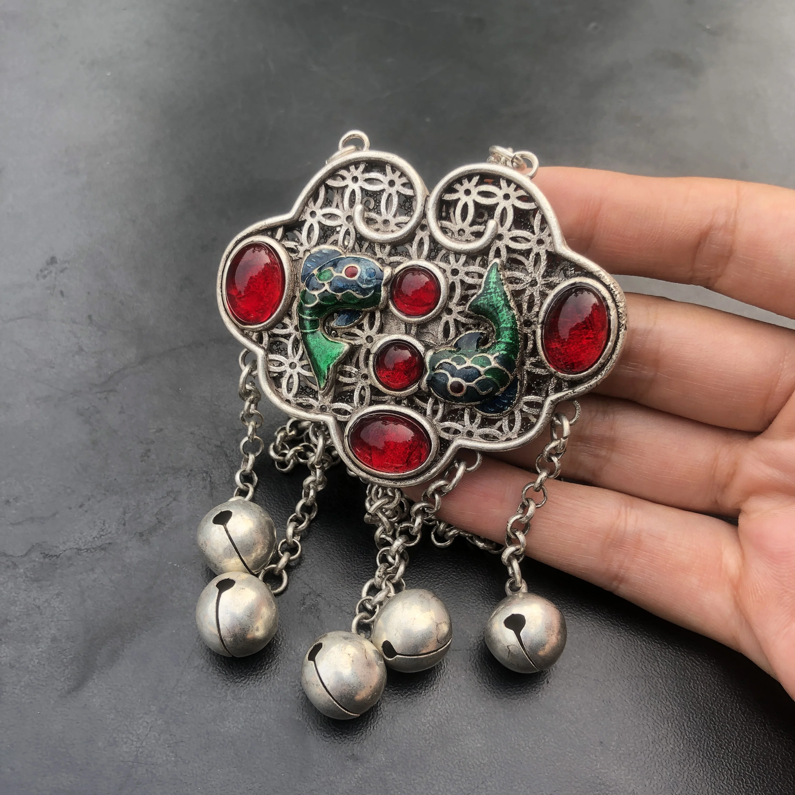 Vintage Chinese Lock Pendant Necklace Enamel Fish Inlaid Red Stone Bell Tassel Ethnic Antique Silver‑Tone Women Neck Jewelry
