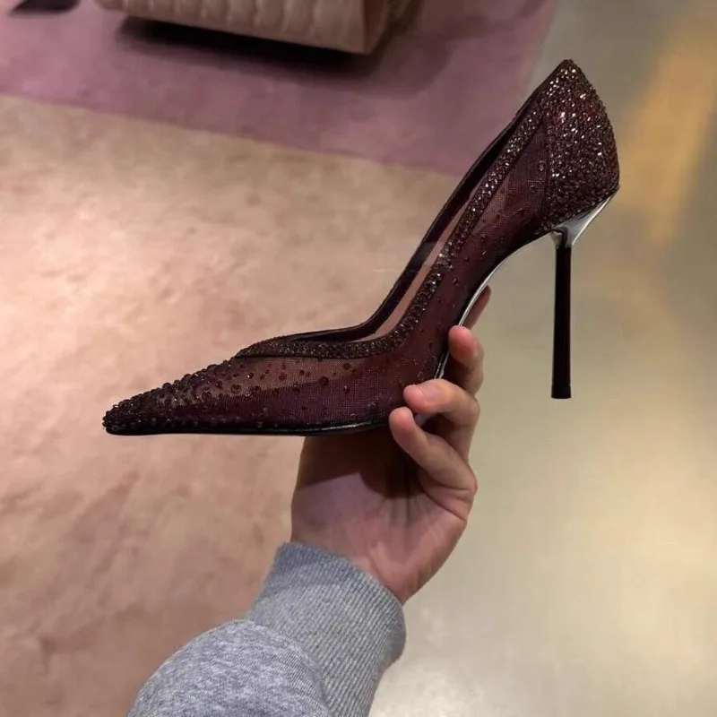 

Temperament High-heeled Spring New Shallow Mouth Pointed Toe Rhinestone Mesh Shoes