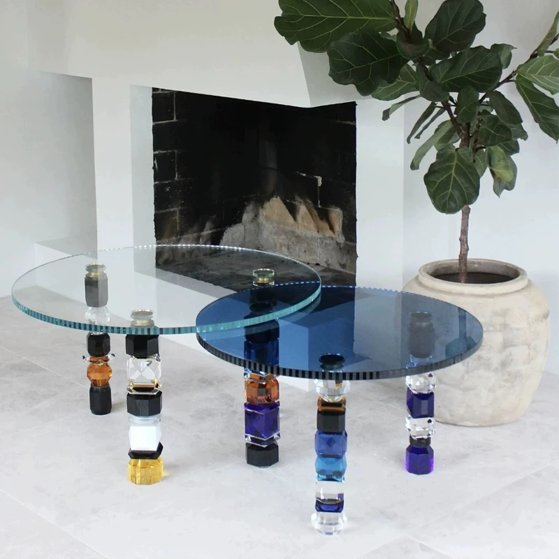 Italian round tempered glass coffee table color transparent crystal bracket designer art