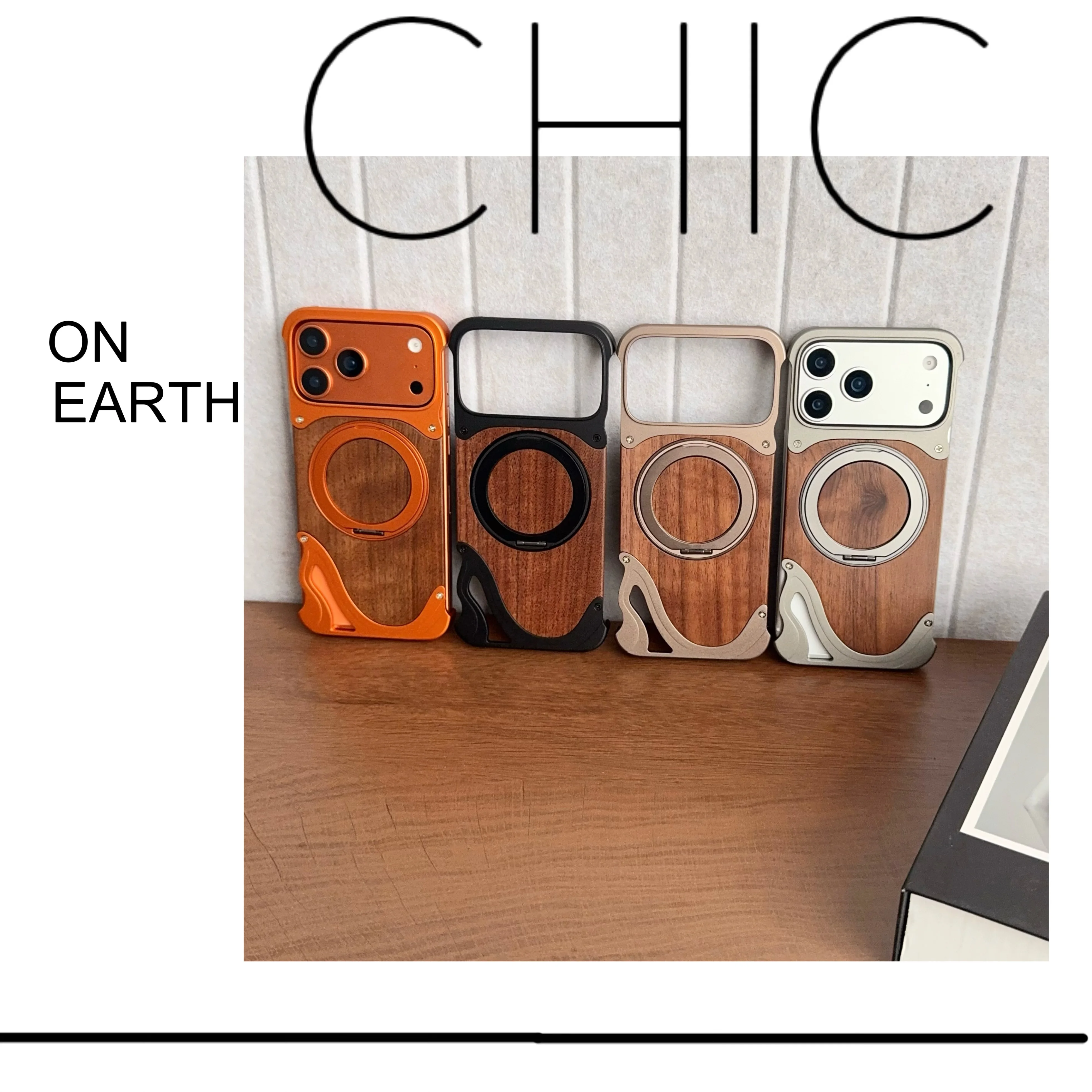 

Роскошный алюминиевый сплав без оправы 360° ° Чехол для телефона с магнитным кронштейном для iPhone 14, 15, 16, 17 Pro Max, противоударный чехол с текстурой орехового дерева