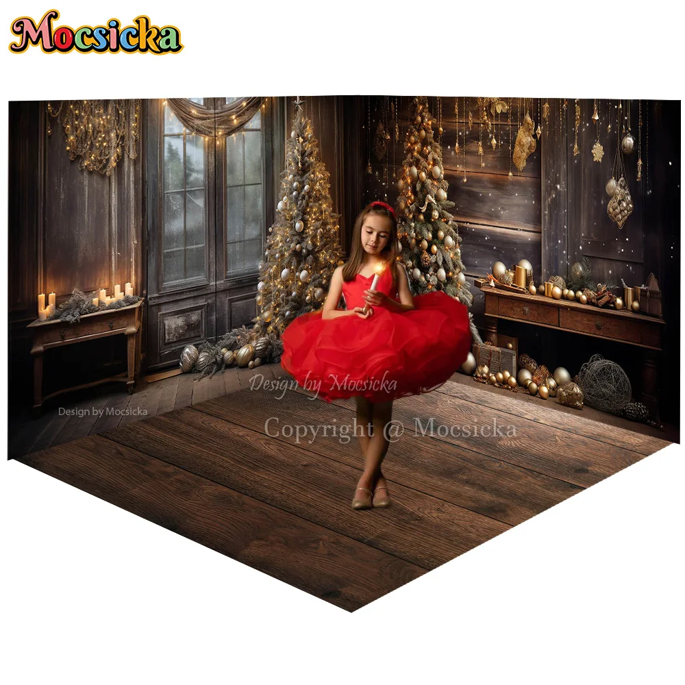 Merry Christmas Room Background for Studio Photography Gold Xmas Tree Balls Decor Glitter Backdrop Candle Wooden Floor Photocall