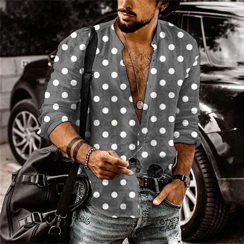 Men\'s Top Button Lapel T-Shirt Polka Dot Black White Fashion Simple Casual Dress Spring Summer High Quality Material Plus Size