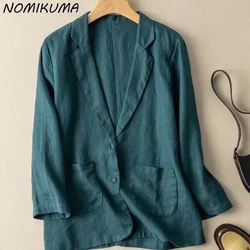 Nomikuma cappotto su misura in lino coreano Fahsion giacca Blazer a maniche lunghe con colletto rovesciato causale Solid Fashion elegante Outwear Top