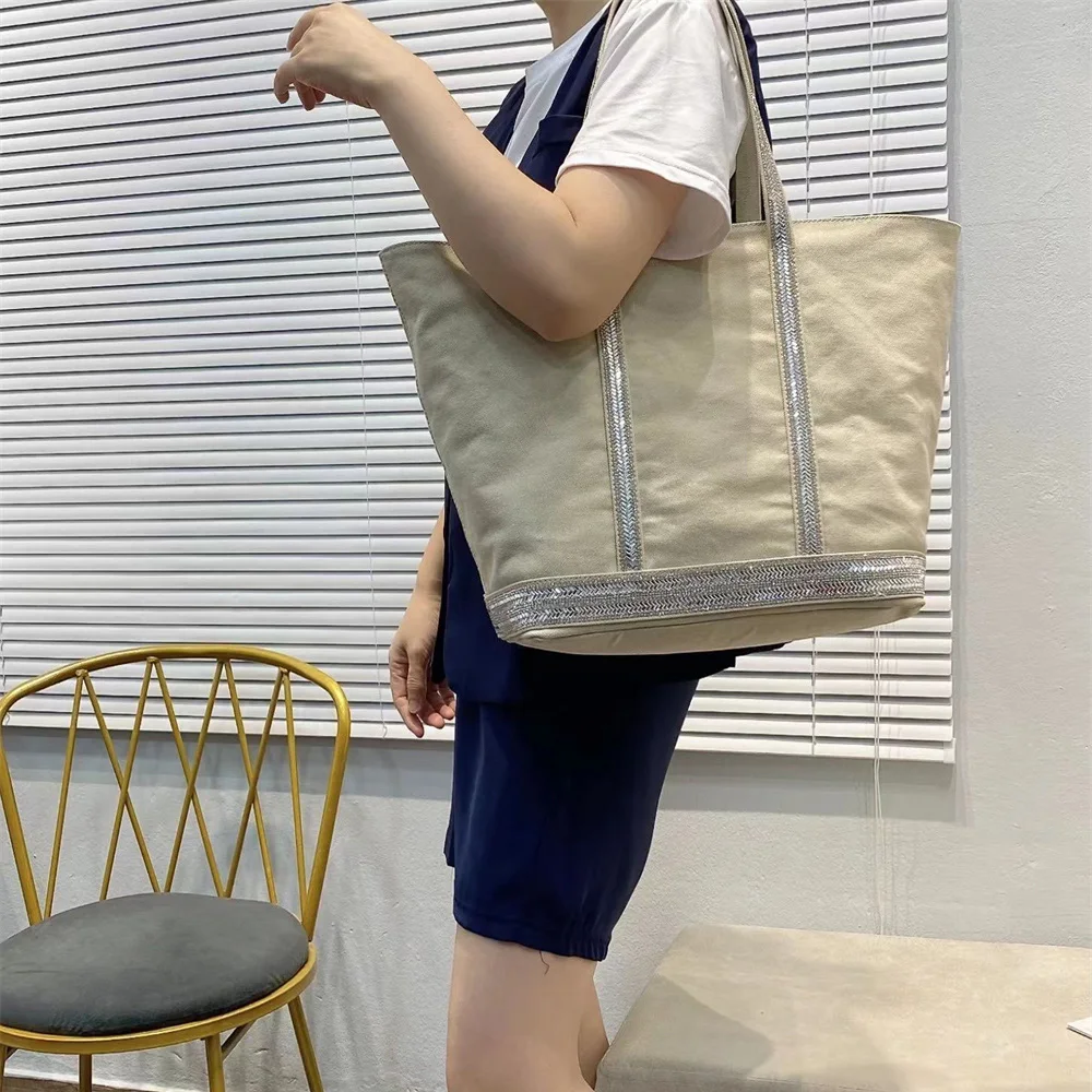 New Women Shoulder Bag Korean Version Canvas Rhinestone Large Capacity Tote Bag Contrast Color Retro Shoulder Bag Casual Handbag