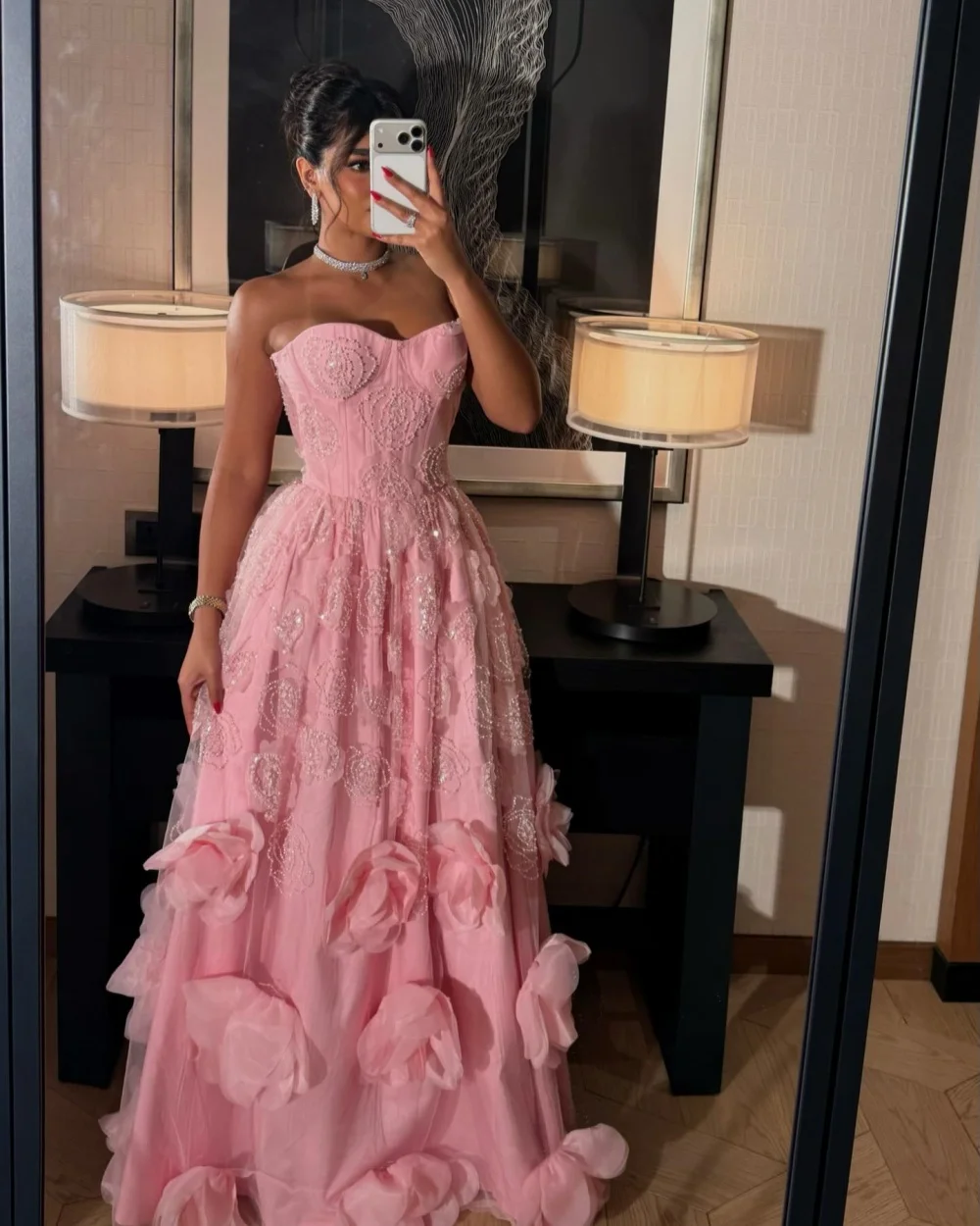 

Customized Exquisite Women Jersey Handmade Flower Beading A-Line Evening Dresses Formal Strapless Sleeveless Long Prom Dresses