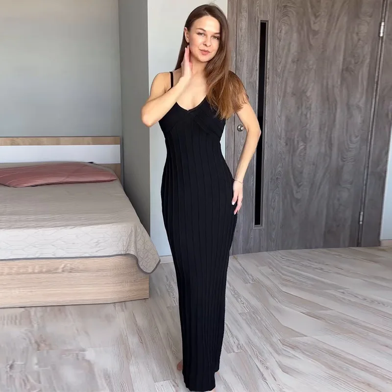 

2025 New Women's Knitted Vacation Style Sleeveless Black Dress Fashion Caftan 2025 Summer Dress Robe Vestido Women Party