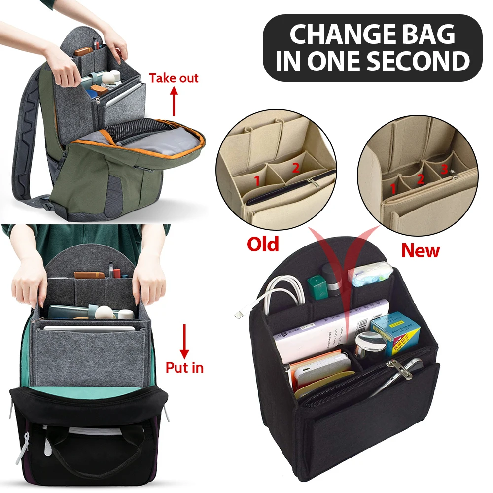 Felt Backpack Organizer Insert, 6-Pocket Inner Liner for Rucksack Handbag Shoulder Bag, Lightweight Durable