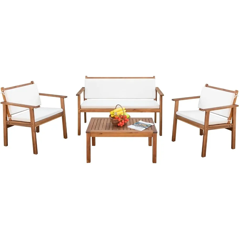 Patio Furniture 4 Piece Acacia Wood Outdoor Conversation Sofa Set with Table & Cushions Porch Chairs for Garden, Deck, Beige