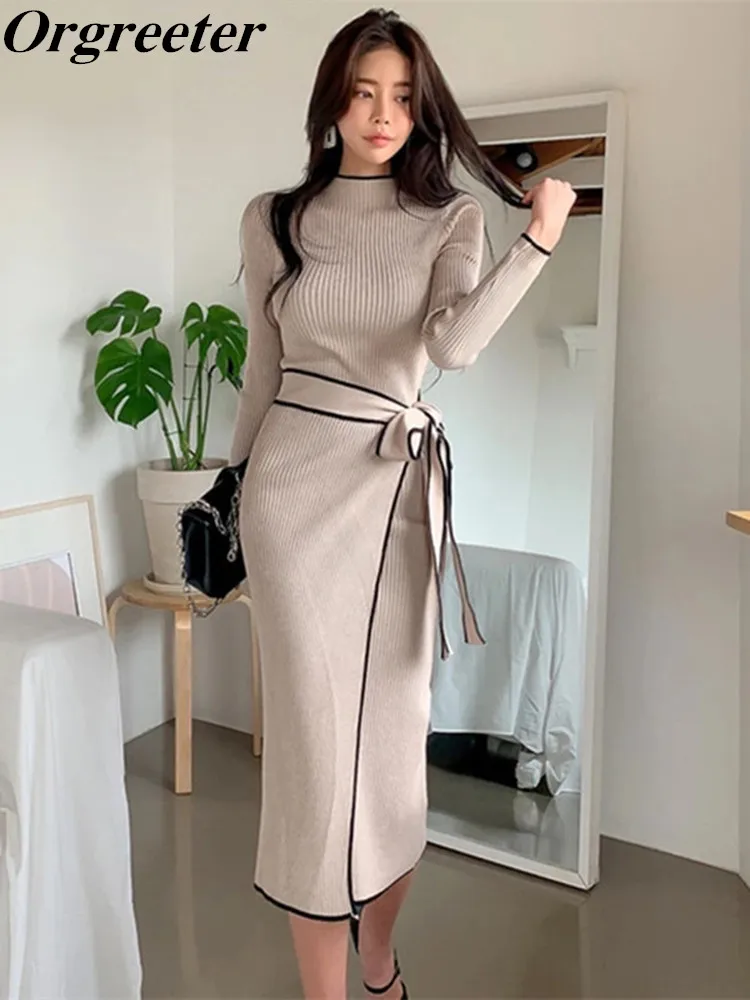 Elegant Knitted Dress Women Fall Winter New Warm Half Turtlenck Off shoulder Long Sleeve Sashes Bow Wrap Hip Sweatrer Robe Femme