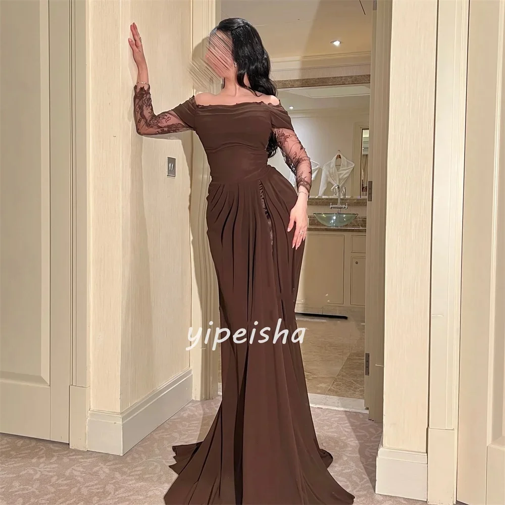 

Customized High Quality Intricate Chiffon Ruched Lace Evening Dress Mermaid Off-the-shoulder Long Prom Dresses Fashion
